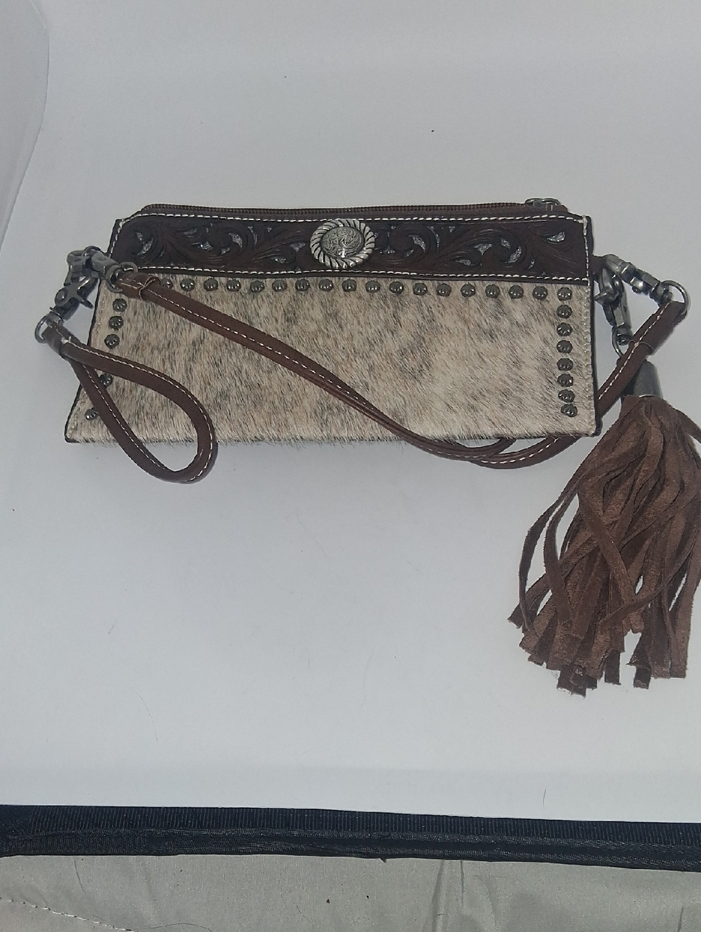 Brown Tooled Leather & Hair-On Crossbody Clutch with Tassel